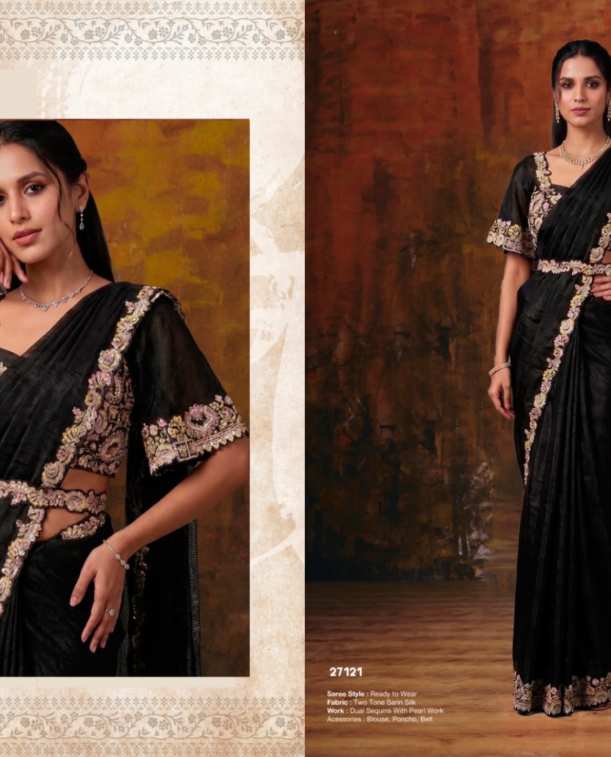 27121 - Metal Black Embroidered Wedding Party Designer Saree